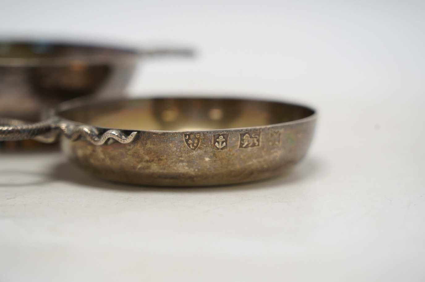 A modern Scottish silver Quaich, Francis Howard Ltd, Edinburgh, 2000, 14.3cm, together with a modern silver taste vin, 8.1oz. Condition - good